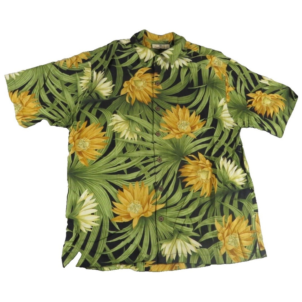 Tommy Bahama VTG Y2K Shirt Men M Silk Green Night Blooming Cereus Hawaiian Camp